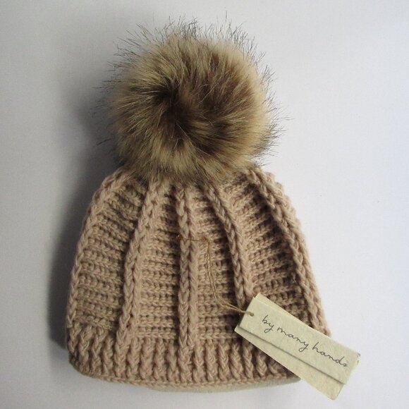 By Many Hands Brecken Beanie Fleece Lined Nepal Wool Hat w/ Pom Pom Tan NWT - Picture 1 of 13